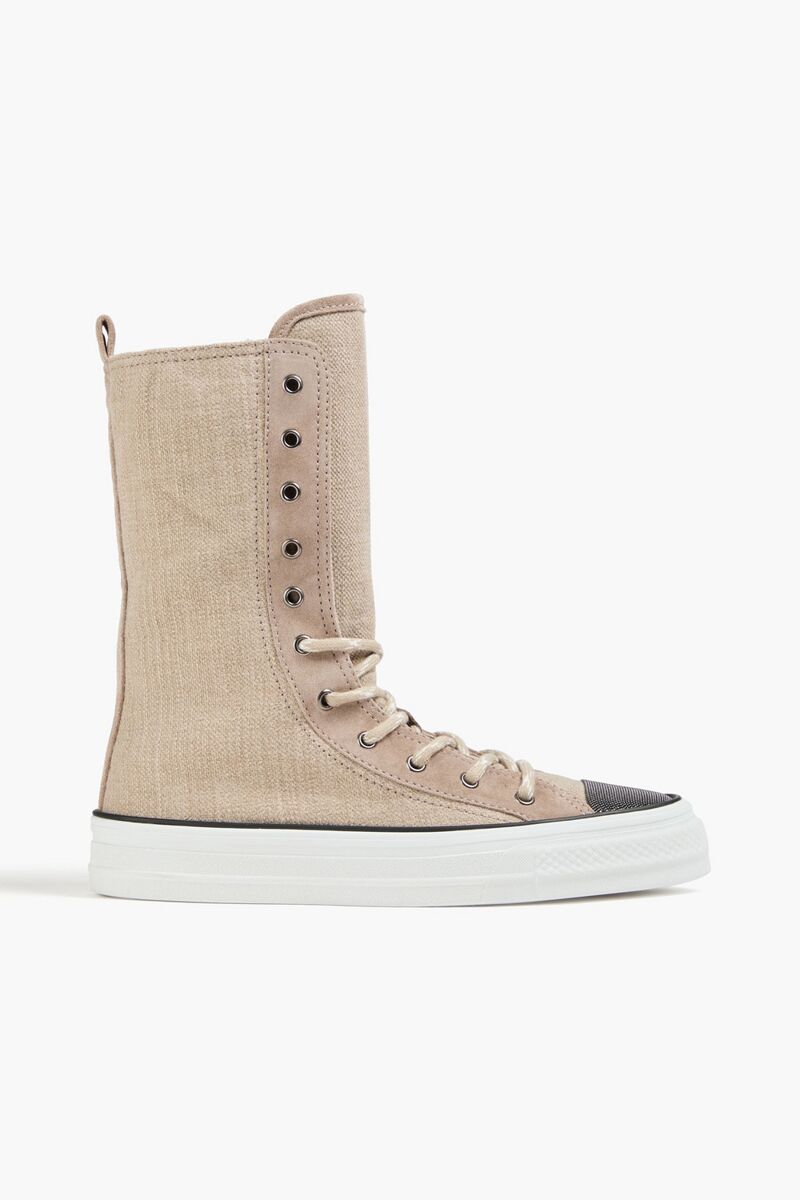 Brunello Cucinelli - Bead-embellished canvas high-top sneakers - Neutral - EU 36.5