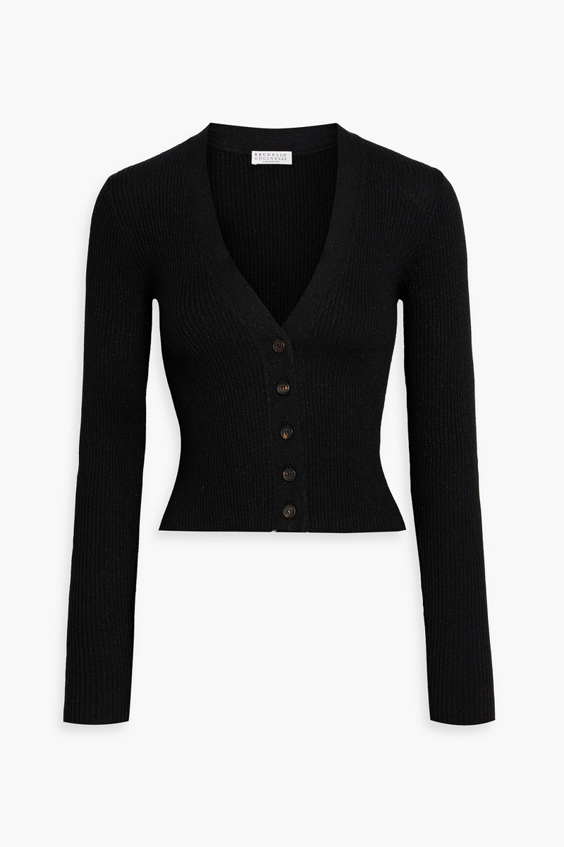 brunello cucinelli - ribbed metallic cashmere-blend cardigan - black - xs