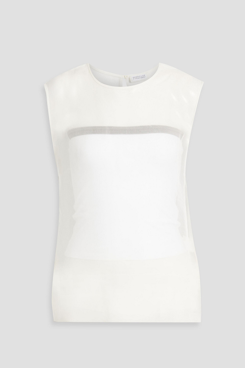 brunello cucinelli - bead-embellished silk-organza top - white - xxs
