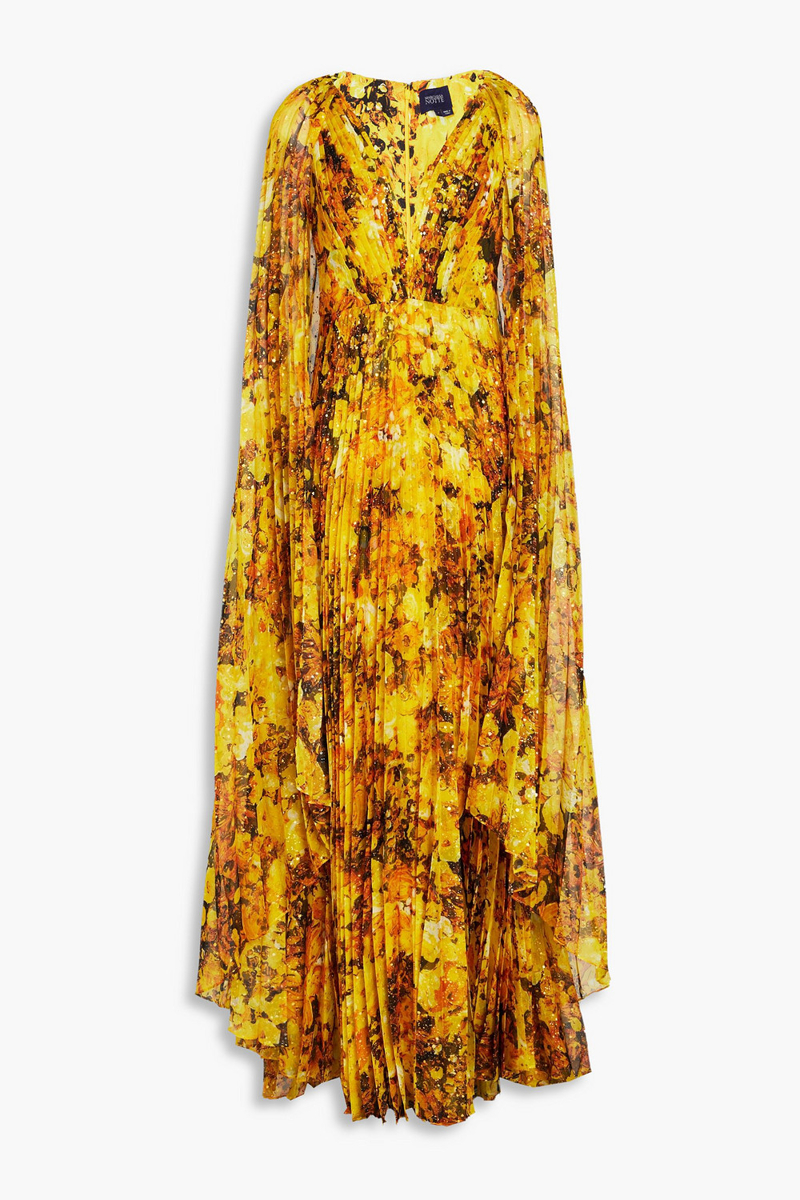 Marchesa Notte - Cape-effect pleated floral-print chiffon gown - Yellow - US 6