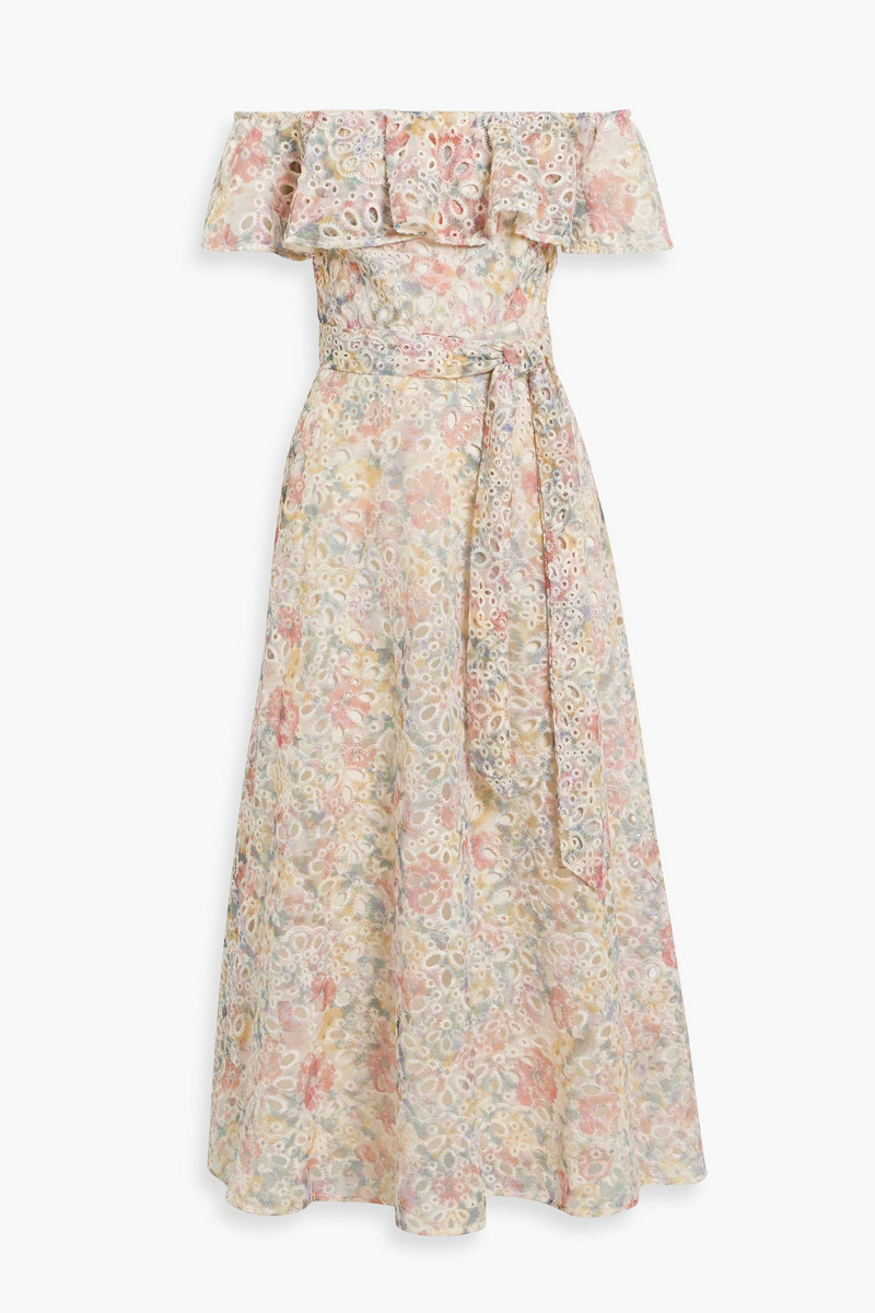 mikael aghal - off-the-shoulder printed broderie anglaise midi dress - multicolor - us 2