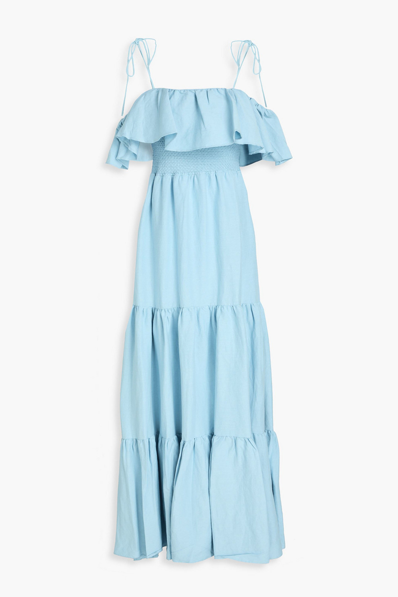 alice olivia - kia cold-shoulder tiered linen-blend maxi dress - blue - us 0