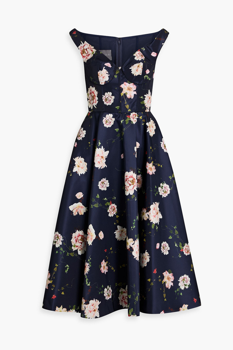 monique lhuillier - off-the-shoulder floral-print faille midi dress - blue - us 6