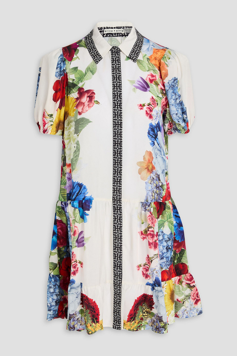 alice olivia - claire floral-print cupro-twill mini shirt dress - white - l