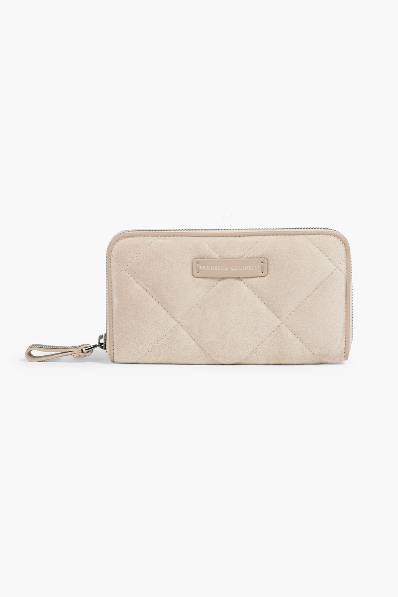 brunello cucinelli - bead-embellished quilted suede wallet - neutral - onesize
