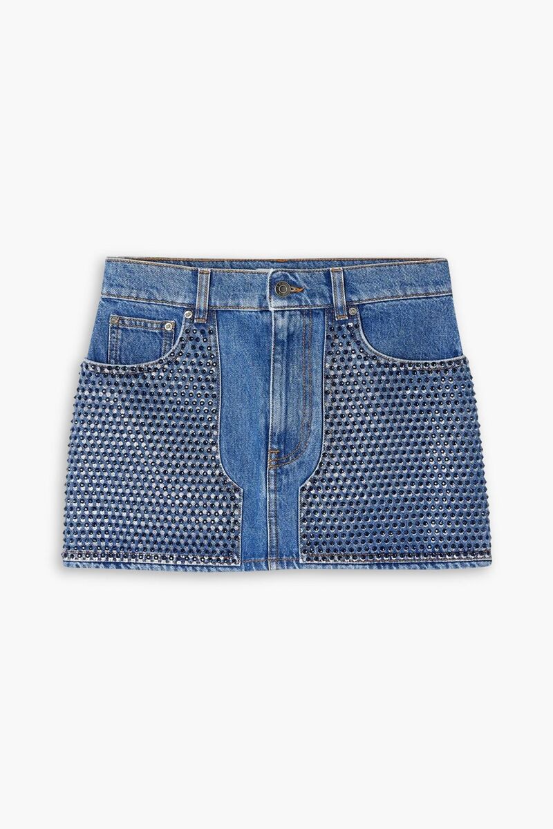 AREA - Crystal-embellished printed denim mini skirt - Blue - 25