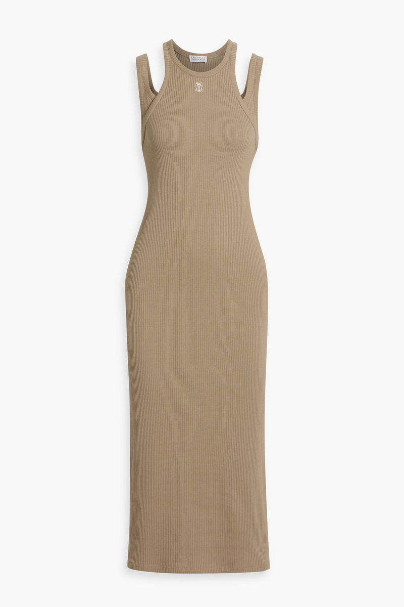 brunello cucinelli - layered ribbed cotton-blend midi dress - neutral - m