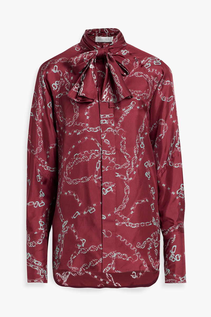 victoria beckham - pussy-bow printed silk-twill blouse - burgundy - uk 10