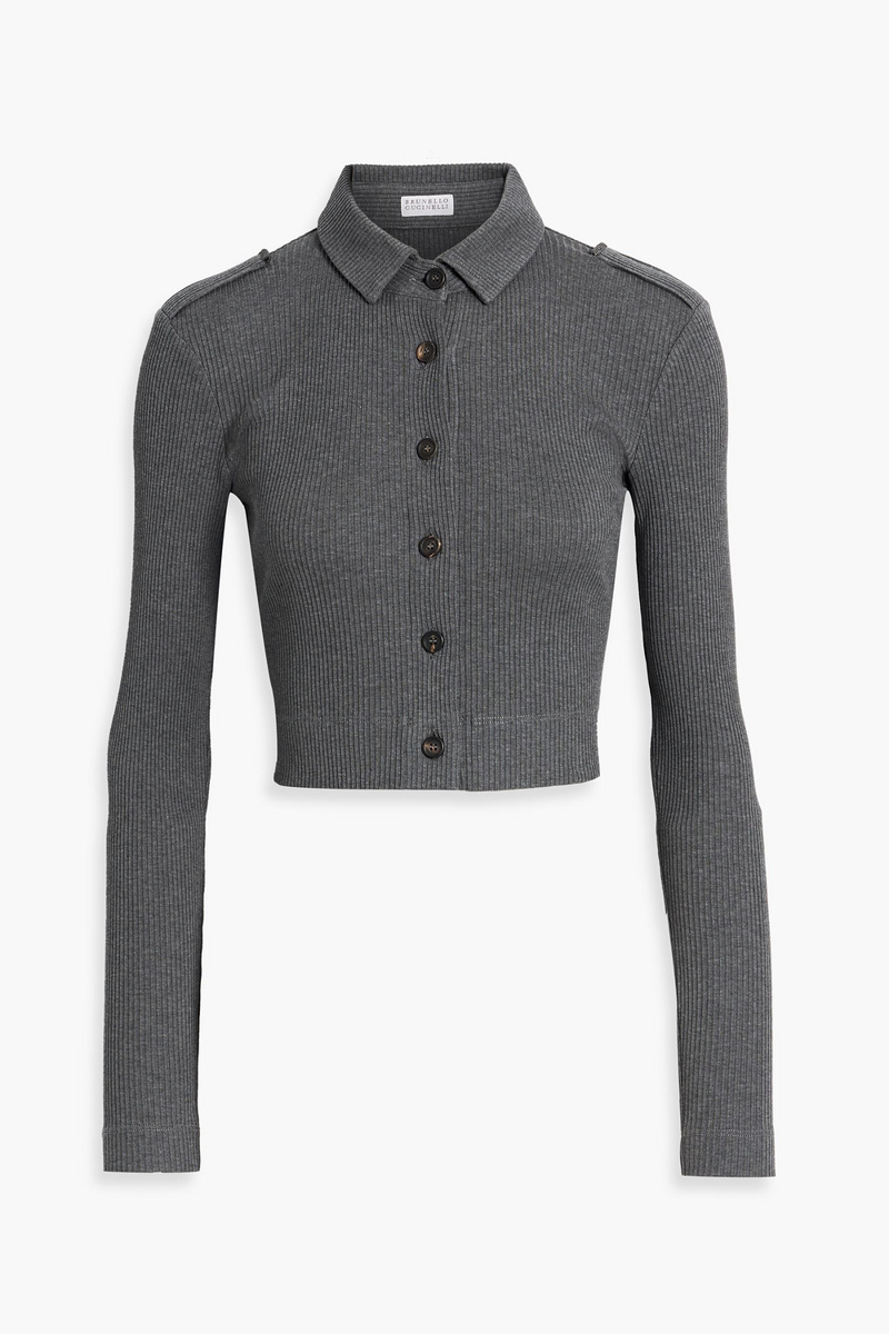 brunello cucinelli - cropped bead-embellished ribbed cotton shirt - gray - m