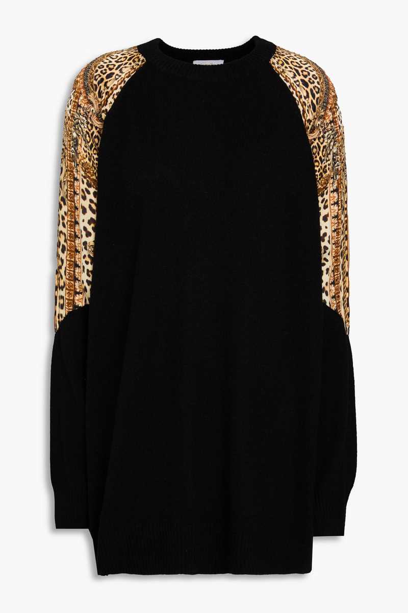 camilla - leopard-print silk satin-paneled wool and cashmere-blend sweater - black - s