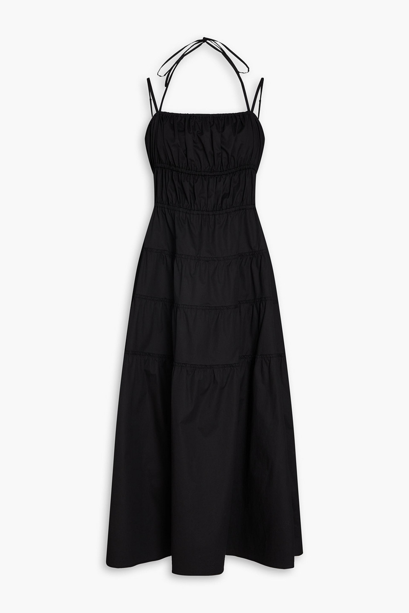 sandro - gathered stretch-cotton poplin midi dress - black - fr 38