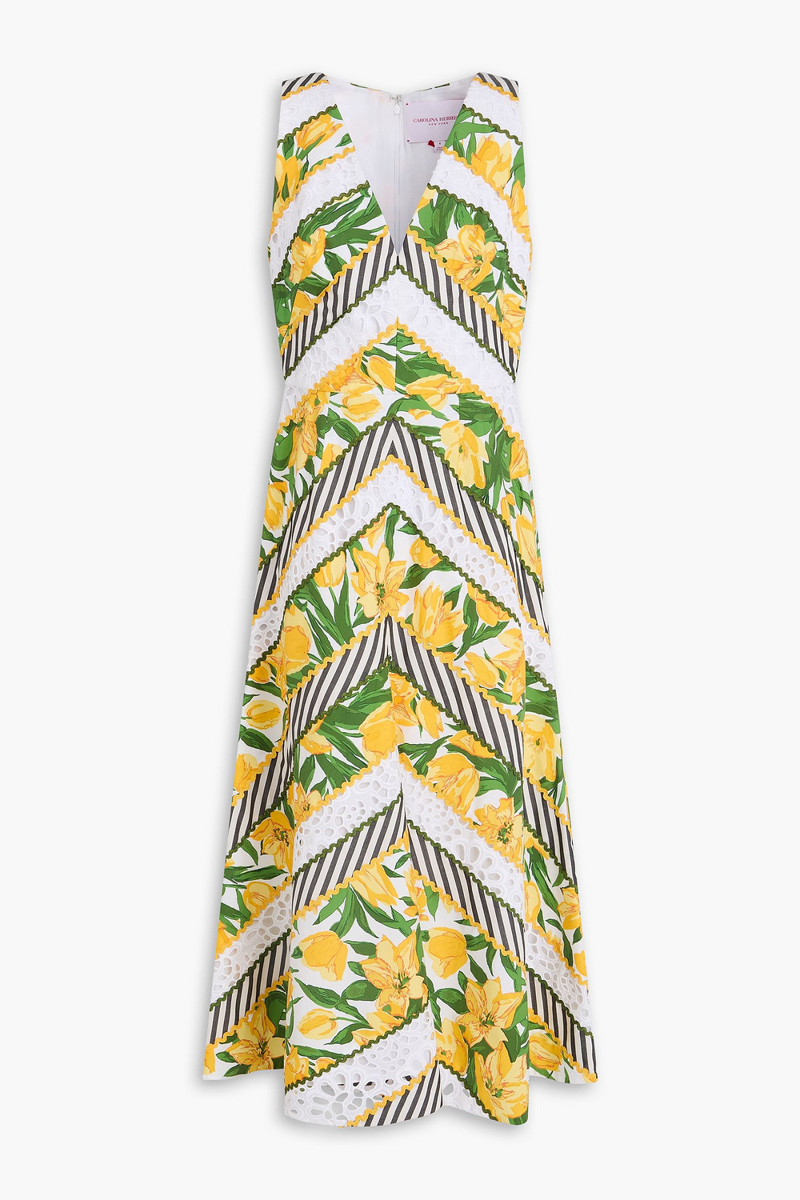 carolina herrera - printed cotton-blend poplin and broderie anglaise midi dress - yellow - us 2
