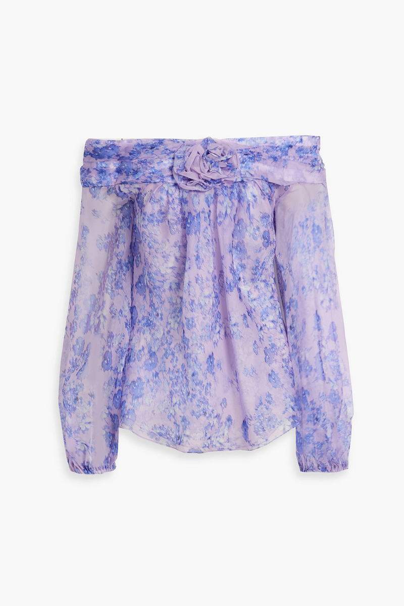 carolina herrera - off-the-shoulder appliquéd floral-print silk-organza top - purple - us 8