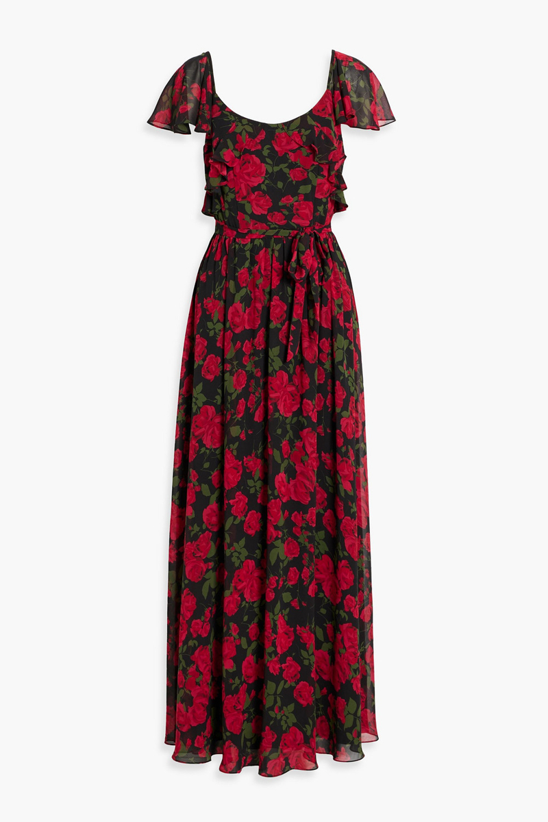 mikael aghal - ruffled floral-print chiffon maxi dress - red - us 2