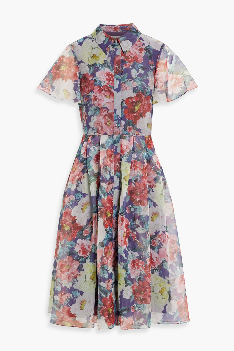 mikael aghal - pleated floral-print habotai shirt dress - blue - us 6