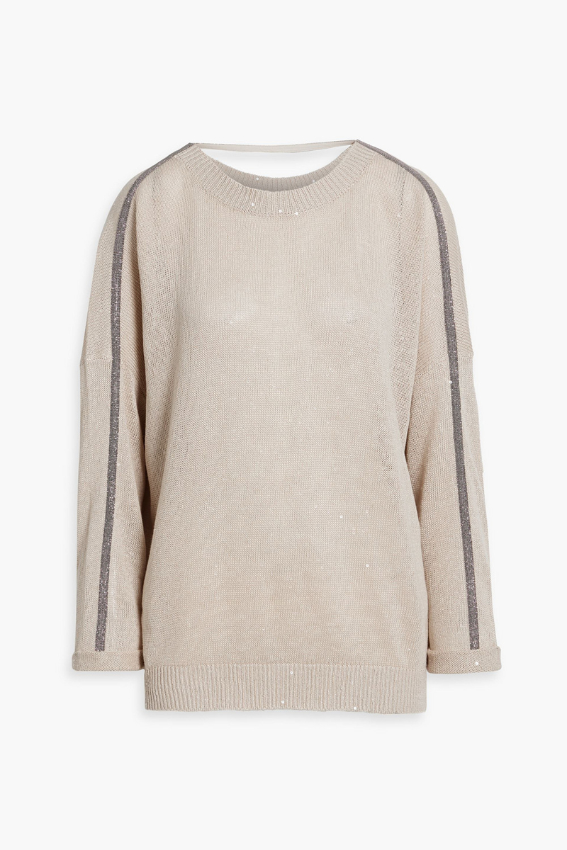 brunello cucinelli - bead-embellished cutout linen and silk-blend sweater - neutral - xl