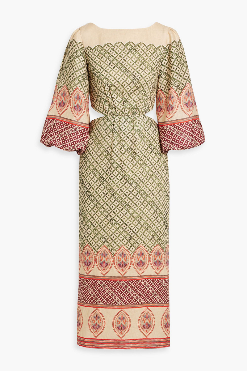 saloni - neelam cutout printed linen midi dress - green - uk 16