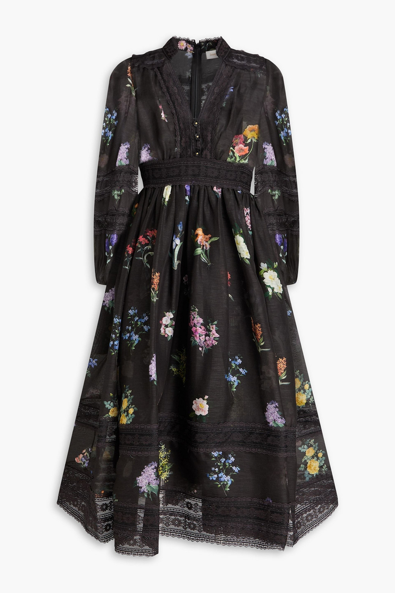 zimmermann - floral-print corded lace-paneled linen and silk-blend midi dress - black - 00