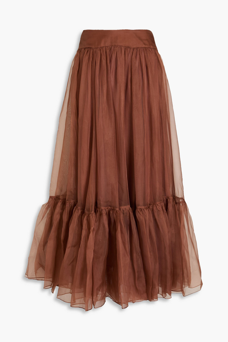 zimmermann - gathered silk-organza maxi skirt - brown - 00