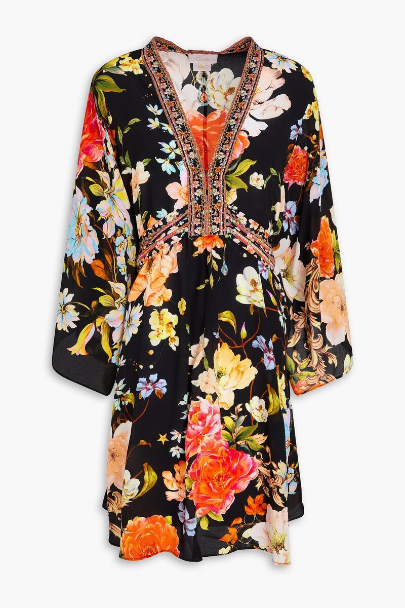 Camilla - Crystal-embellished floral-print silk crepe de chine kaftan - Black - S/M