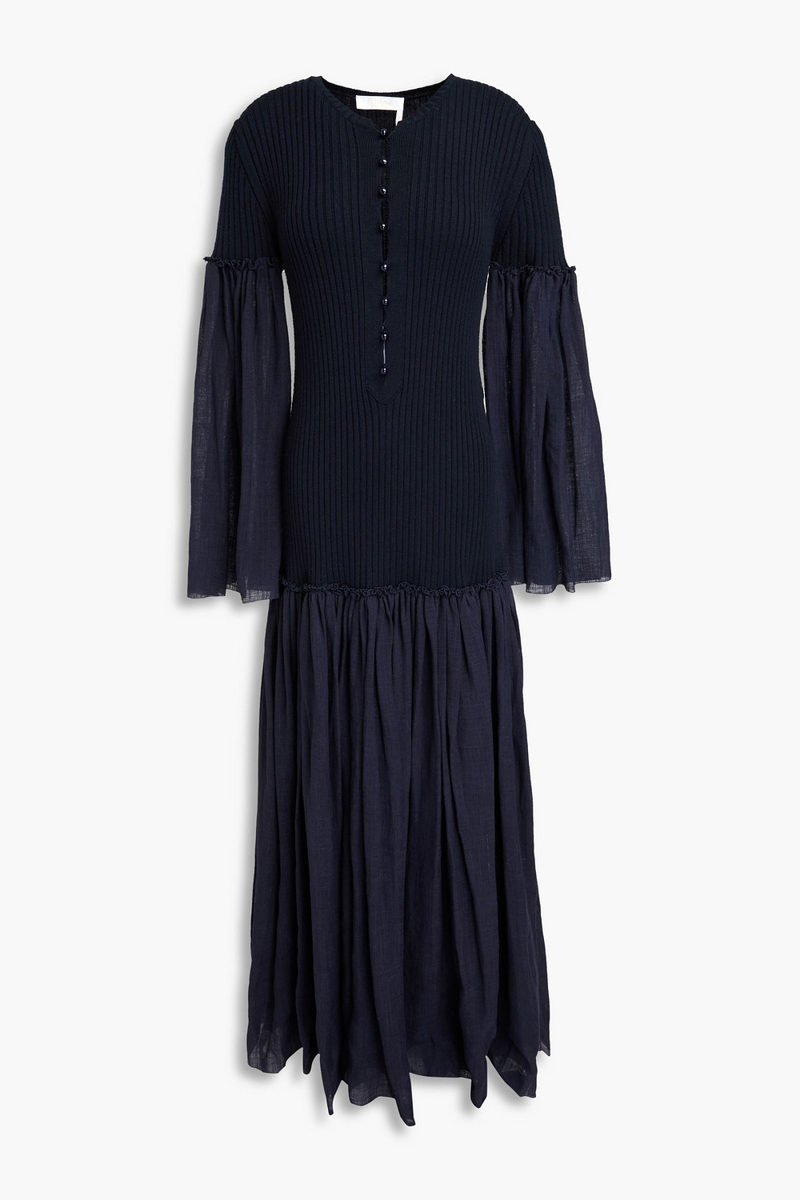 chloé - gauze-paneled ribbed linen and silk-blend maxi dress - blue - fr 34
