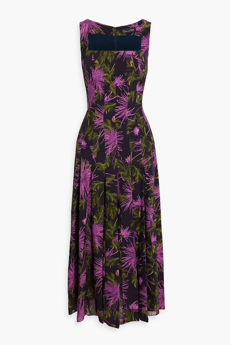 oscar de la renta - pleated floral-print chiffon and crepe midi dress - blue - us 16