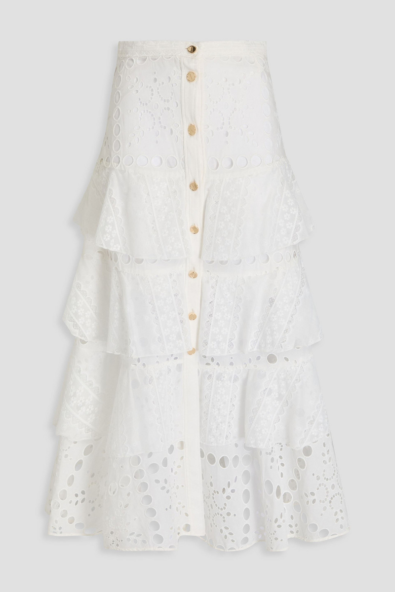 sandro - tiered broderie anglaise cotton-blend midi skirt - white - fr 34