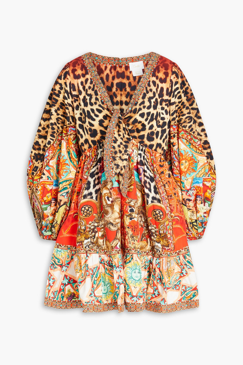 camilla - knotted crystal-embellished printed cotton-poplin mini dress - multicolor - xl