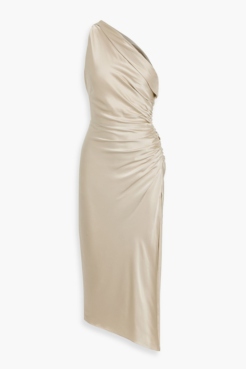 michelle mason - one-shoulder ruched silk-satin midi dress - neutral - us 10
