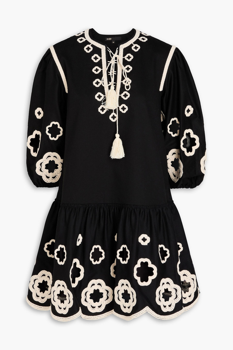 maje - crochet-trimmed cotton-twill mini dress - black - fr 40