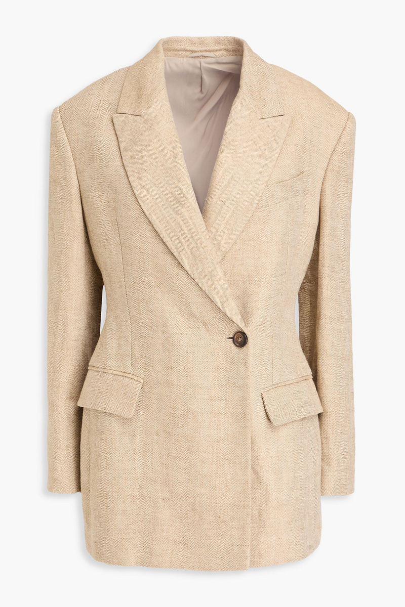 brunello cucinelli - double-breasted bead-embellished linen blazer - neutral - it 42
