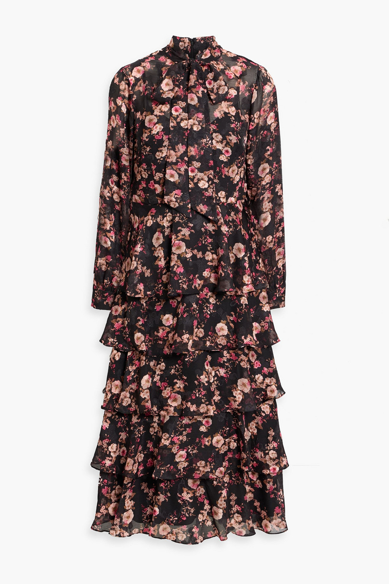 mikael aghal - tiered floral-print fil coupé chiffon midi dress - black - us 6