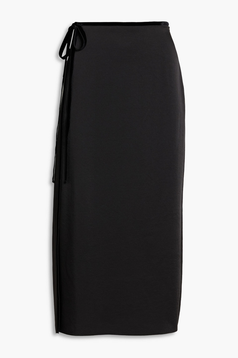 vince. - wrap-effect velvet-trimmed satin-crepe midi skirt - black - us 2