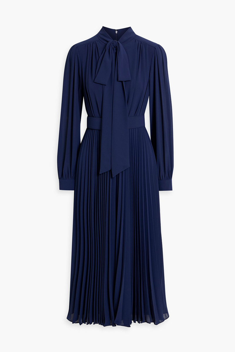 mikael aghal - pussy-bow pleated crepe midi dress - blue - us 2