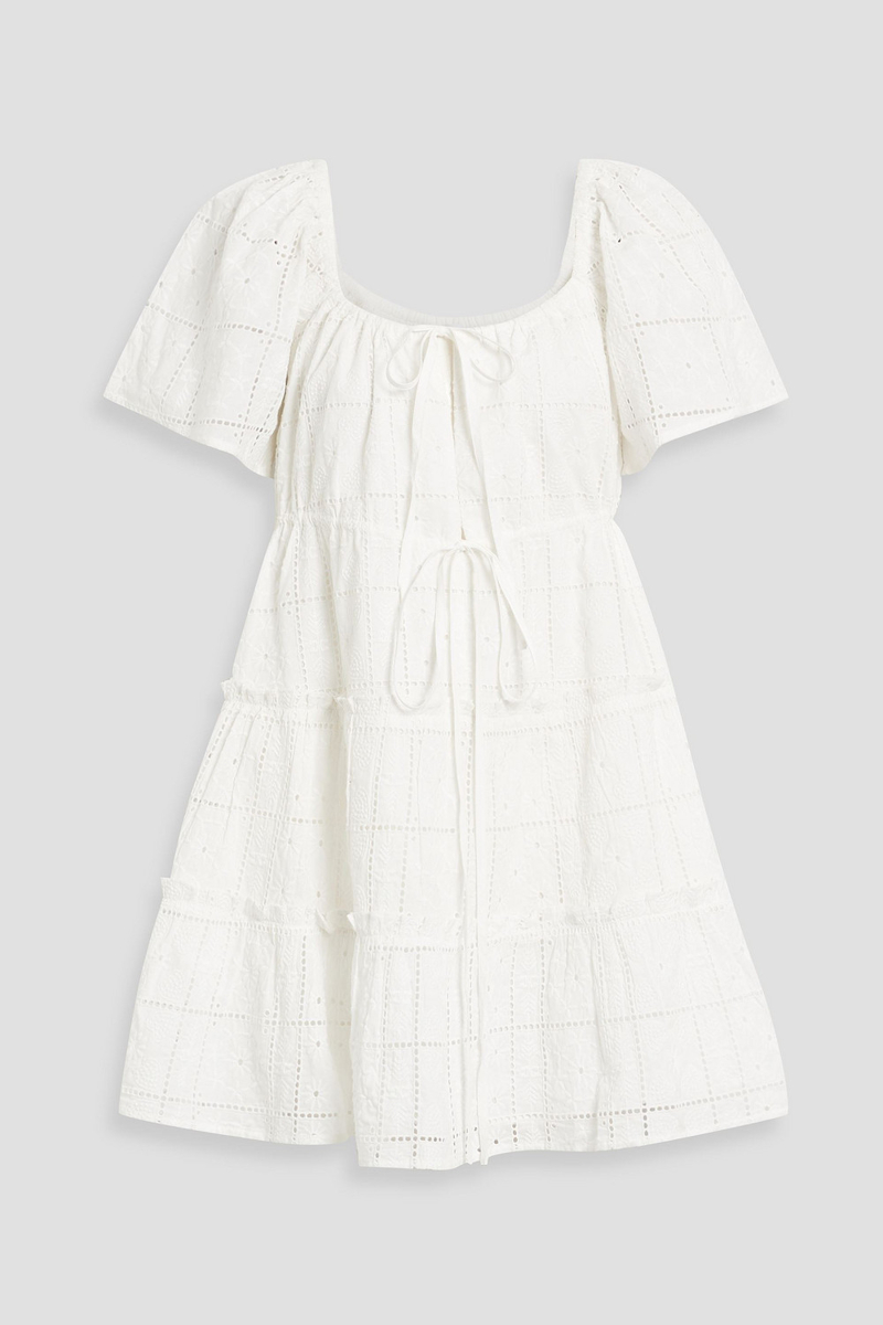ganni - gathered broderie anglaise cotton mini dress - white - de 38