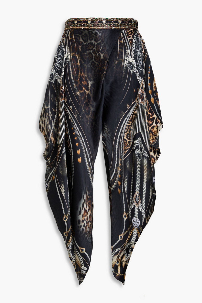 camilla - crystal-embellished printed silk-satin tapered pants - black - xs