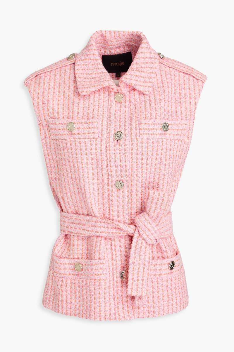 maje - belted metallic cotton-blend tweed vest - pink - fr 38