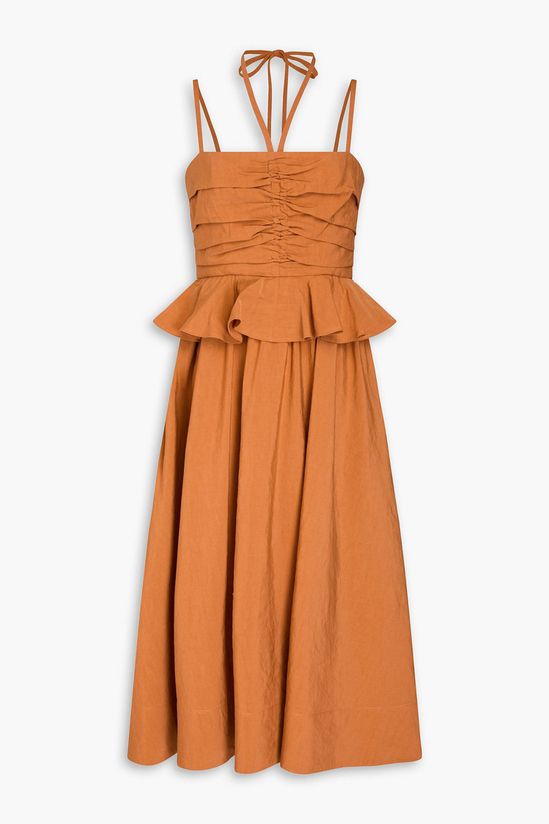 ulla johnson - anastasia ruched cotton, linen and silk-blend midi dress - brown - us 2