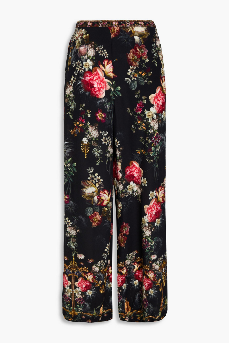 camilla - crystal-embellished floral-print silk crepe de chine wide-leg pants - black - xs