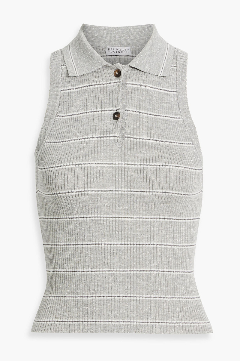 brunello cucinelli - metallic striped ribbed-knit top - gray - xs