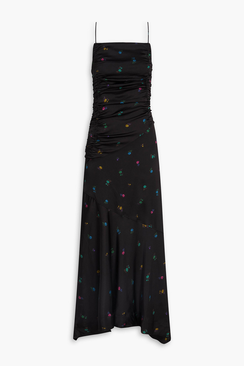 ganni - ruched floral-print satin midi dress - black - de 34