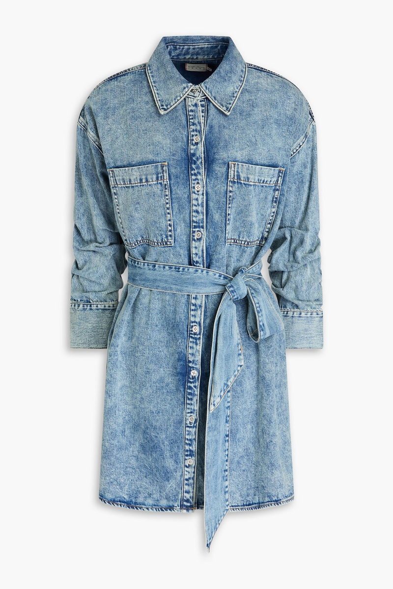 alice olivia - belted acid-wash denim mini shirt dress - blue - xl
