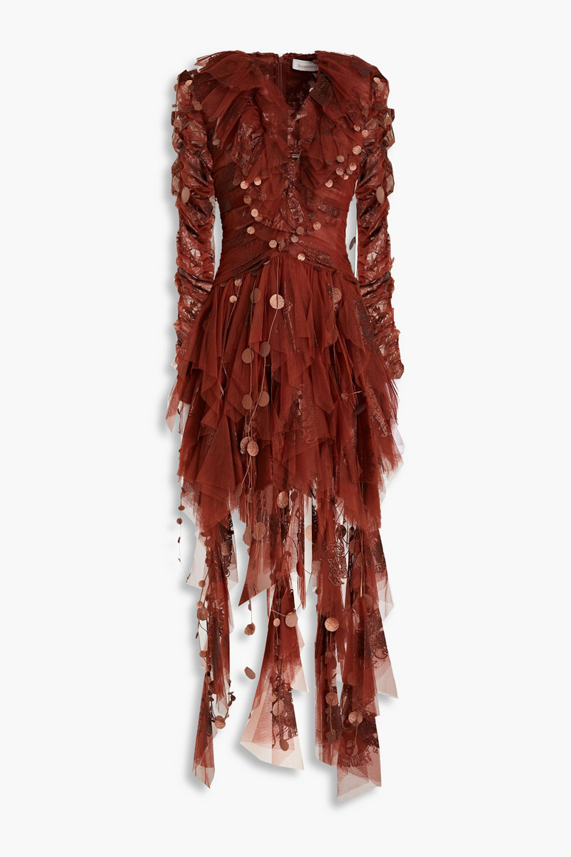 Zimmermann - Asymmetric ruffled glittered tulle maxi dress - Brown - 00