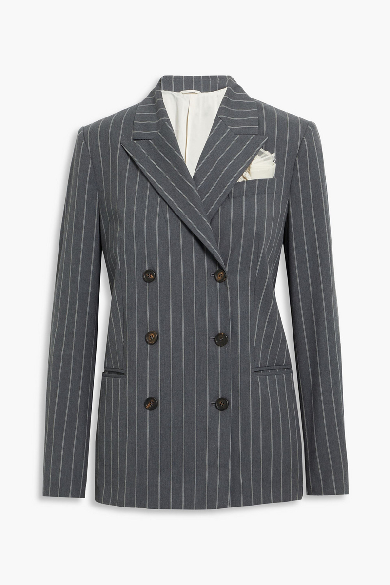 brunello cucinelli - pinstriped double-breasted cotton-blend woven blazer - gray - it 42