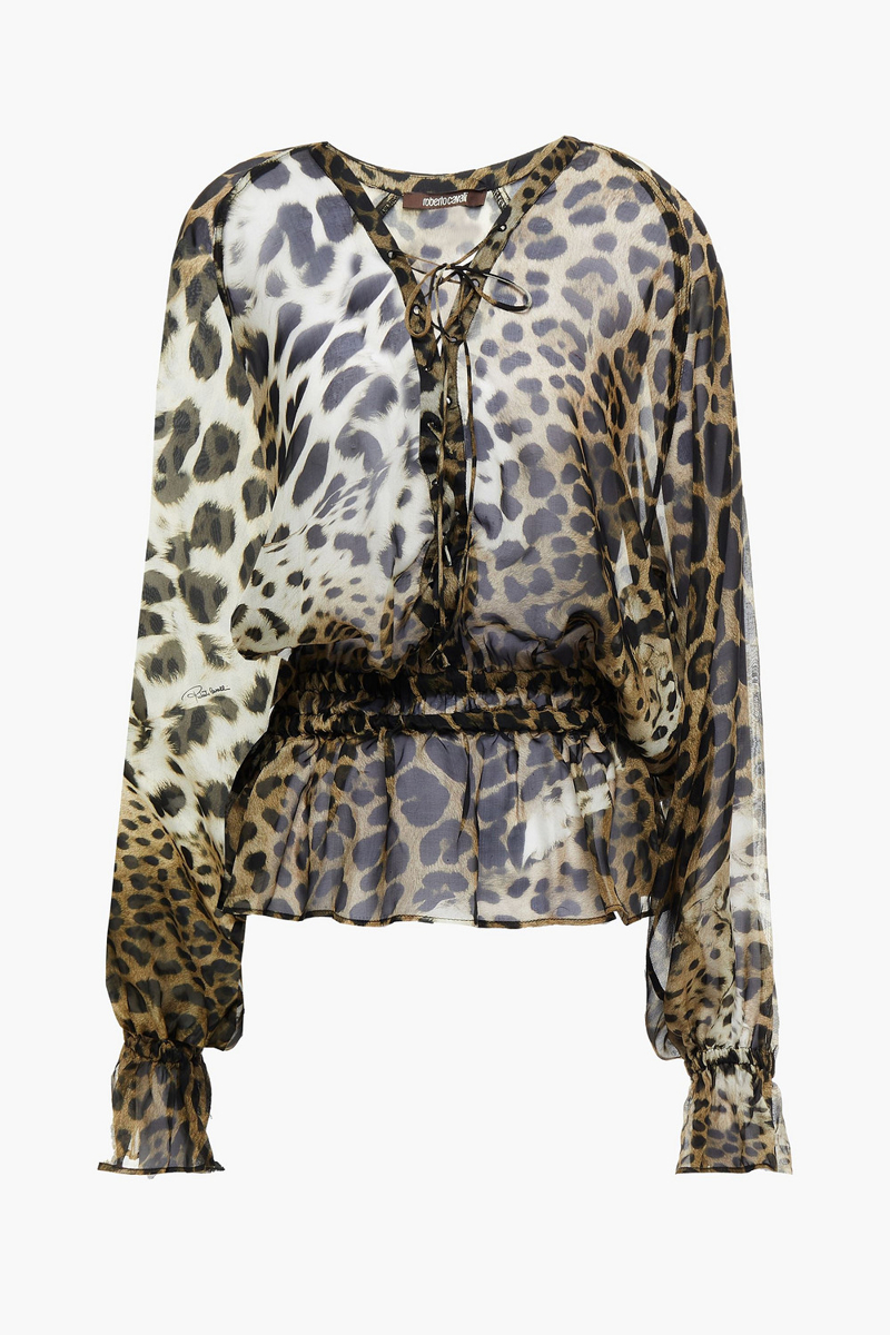 Roberto Cavalli - Embellished gathered leopard-print silk-chiffon blouse - Animal print - IT 44