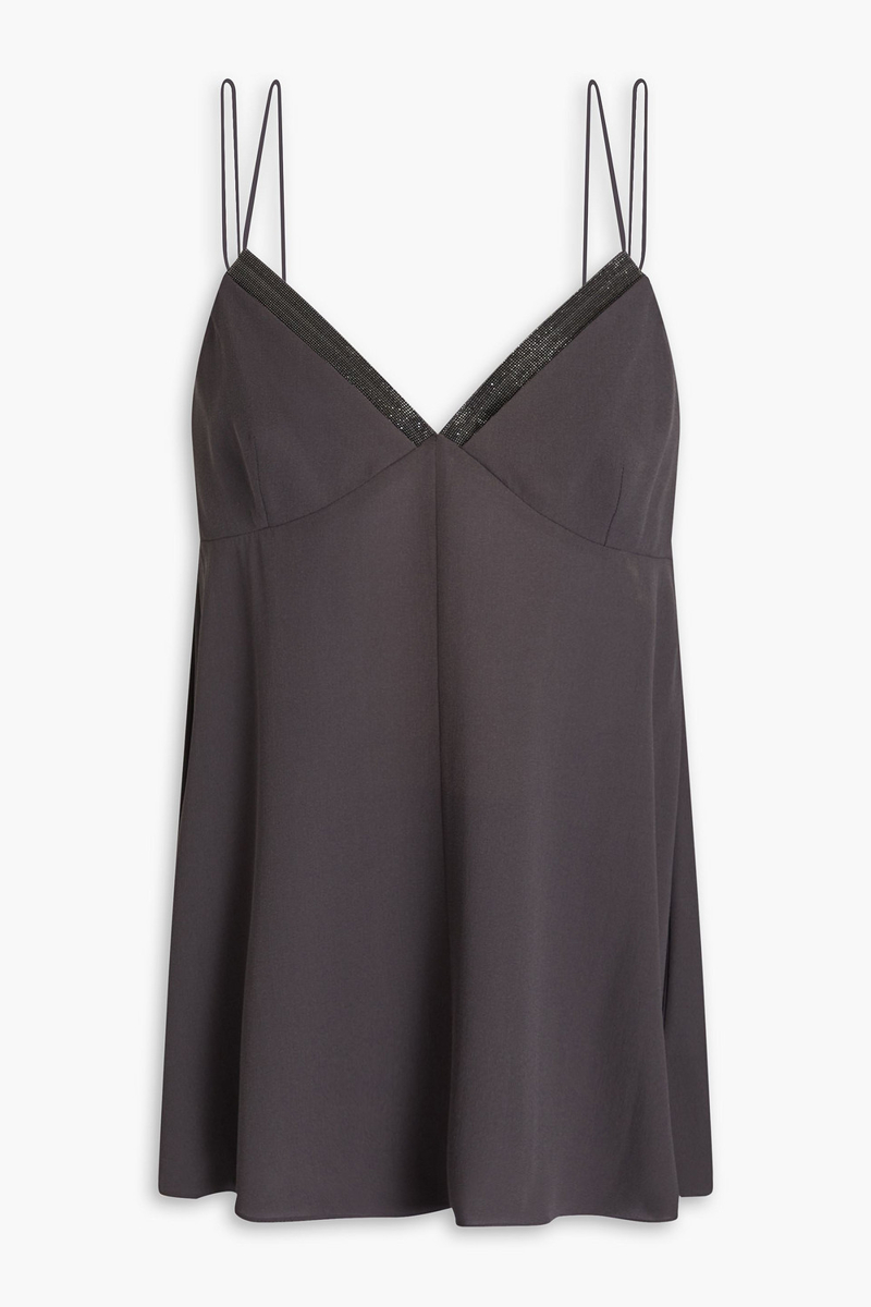 Brunello Cucinelli - Bead-embellished silk crepe de chine camisole - Gray - S