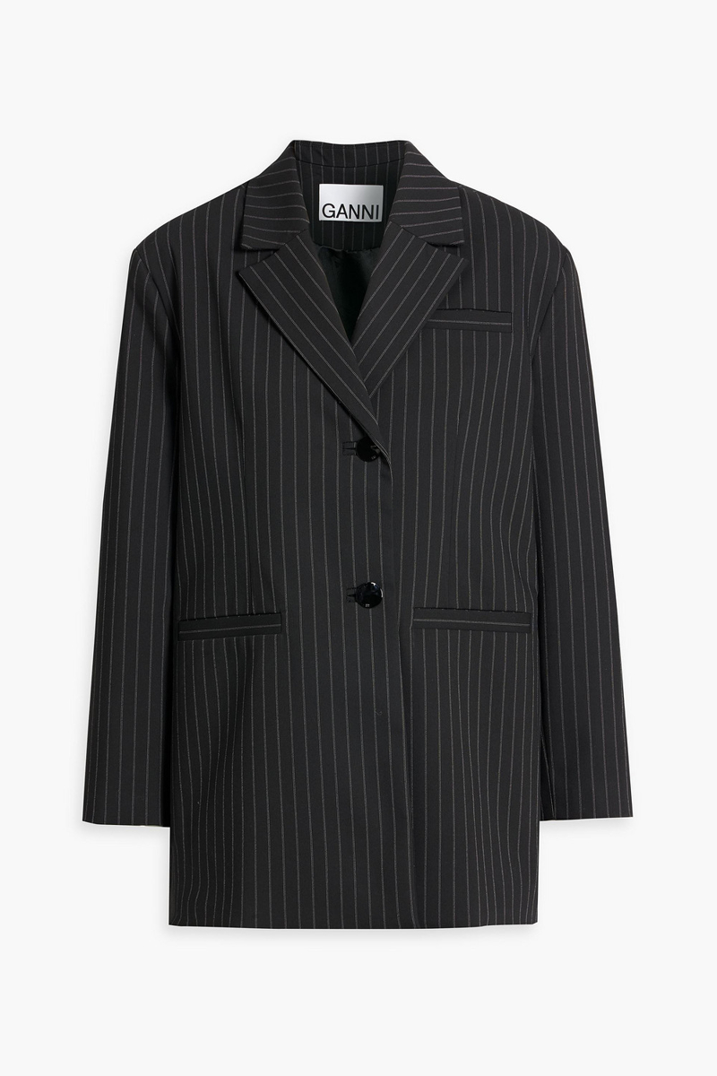ganni - oversized pinstriped crepe blazer - black - xxs/xs