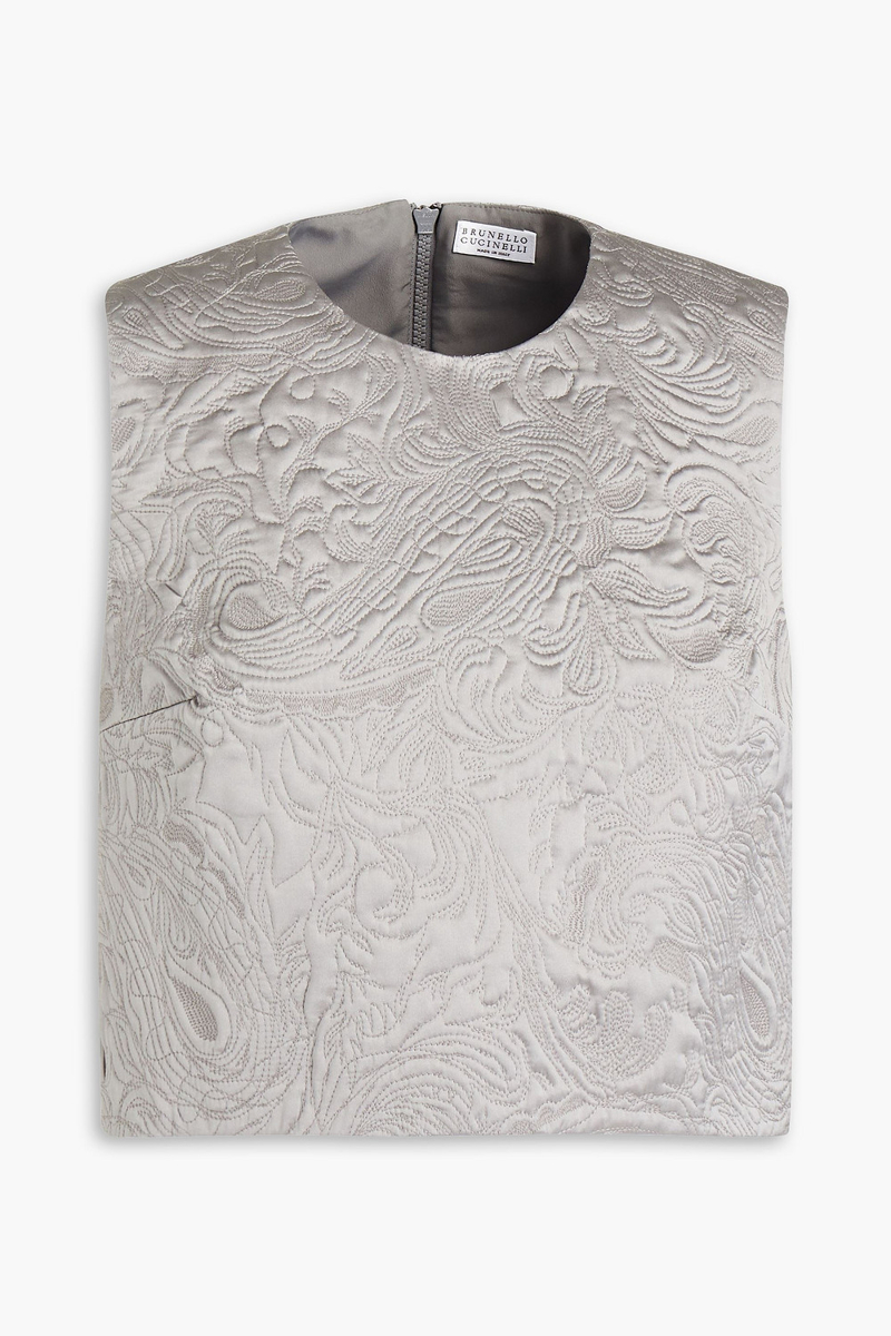 Brunello Cucinelli - Cropped embroidered silk-blend cloqué top - Gray - M