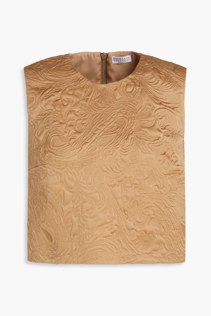 Brunello Cucinelli - Cropped embroidered silk-blend cloqué top - Neutral - M