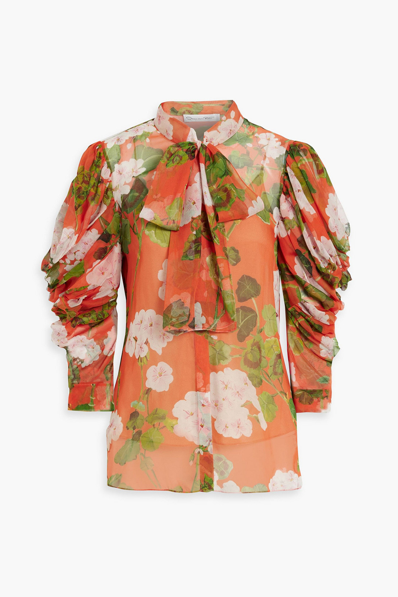 oscar de la renta - pussy-bow floral-print silk-chiffon blouse - orange - us 10